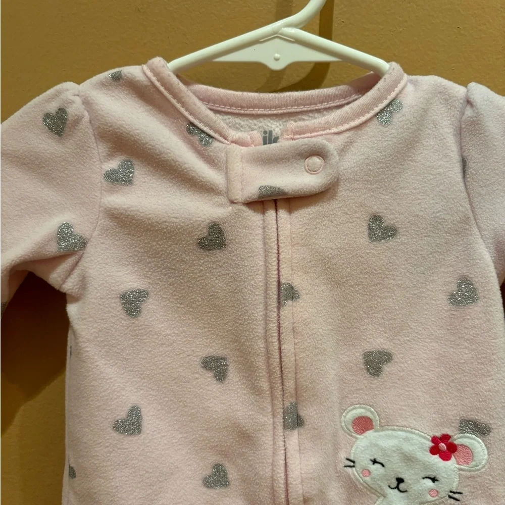 Child of Mine Footed Zip Up Pajamas Sleepwear Pink With Hearts Size 0-3 Months